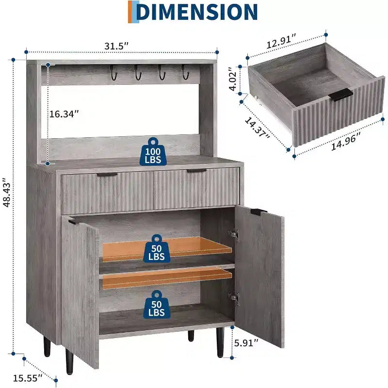 Credenza scanalata - Buffet moderno con 2 cassetti e ripiani regolabili