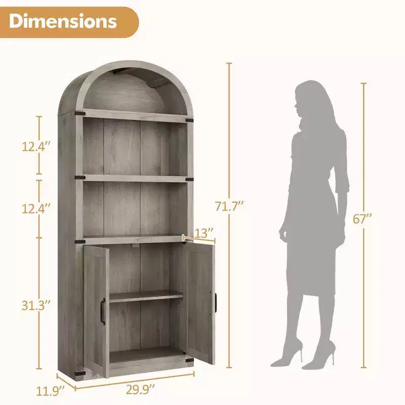 Libreria in legno Coolmee con ante, libreria ad arco alta 182 cm, mobile rustico con ripiani per ufficio domestico, soggiorno