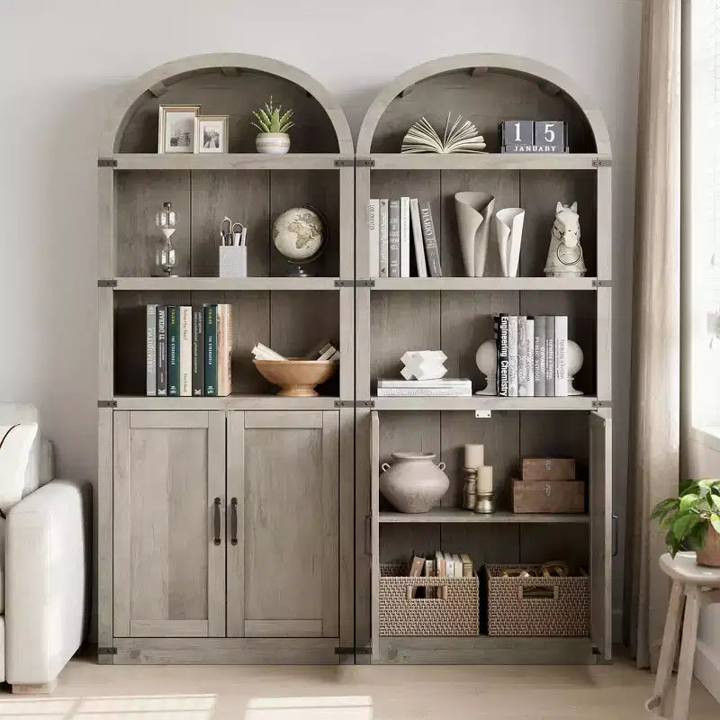 Libreria in legno Coolmee con ante, libreria ad arco alta 182 cm, mobile rustico con ripiani per ufficio domestico, soggiorno