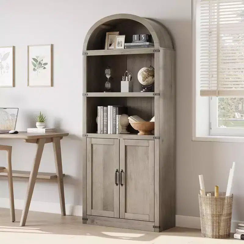 Libreria in legno Coolmee con ante, libreria ad arco alta 182 cm, mobile rustico con ripiani per ufficio domestico, soggiorno