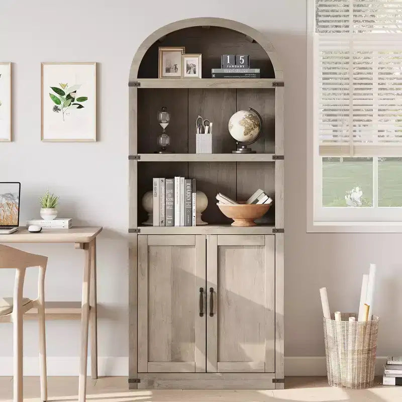 Libreria in legno Coolmee con ante, libreria ad arco alta 182 cm, mobile rustico con ripiani per ufficio domestico, soggiorno