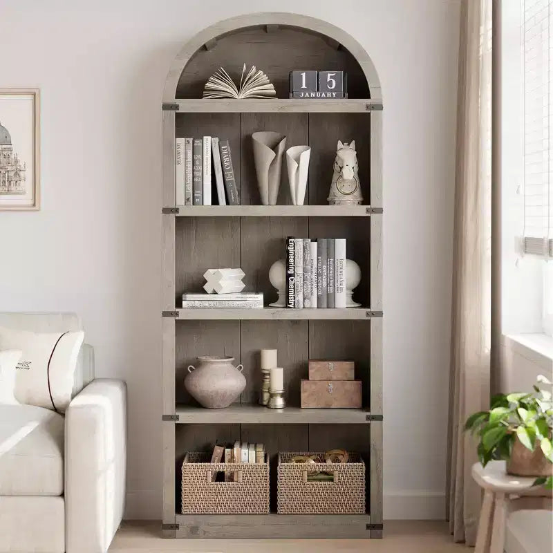 Libreria in legno Coolmee con ante, libreria ad arco alta 182 cm, mobile rustico con ripiani per ufficio domestico, soggiorno
