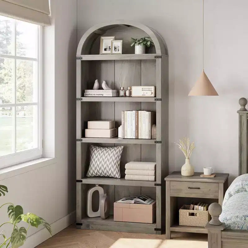 Libreria in legno Coolmee con ante, libreria ad arco alta 182 cm, mobile rustico con ripiani per ufficio domestico, soggiorno