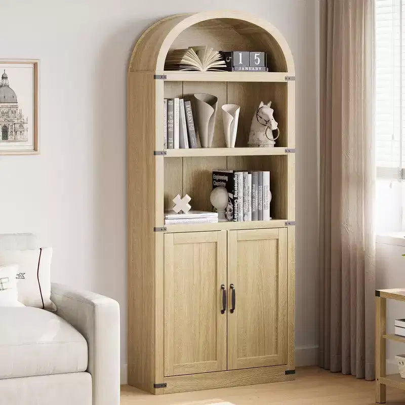 Libreria in legno Coolmee con ante, libreria ad arco alta 182 cm, mobile rustico con ripiani per ufficio domestico, soggiorno