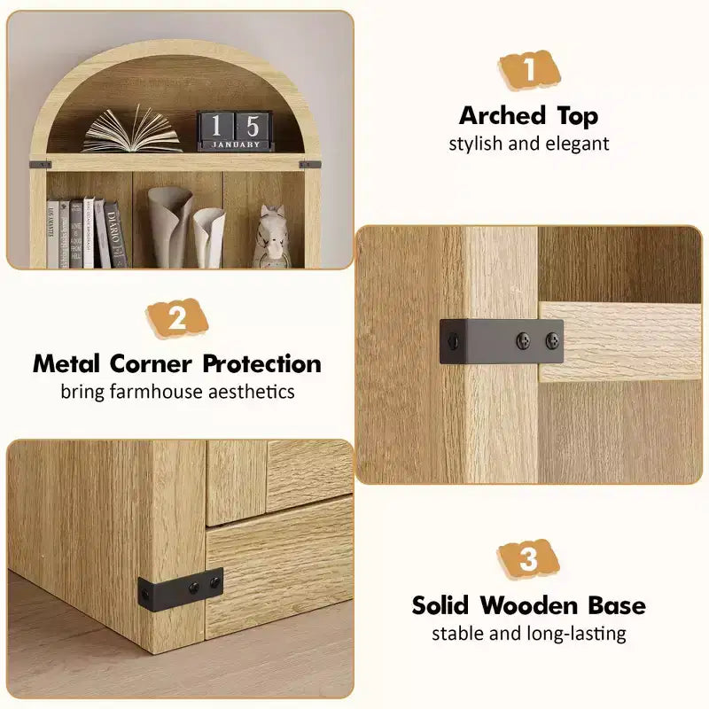 Libreria in legno Coolmee con ante, libreria ad arco alta 182 cm, mobile rustico con ripiani per ufficio domestico, soggiorno
