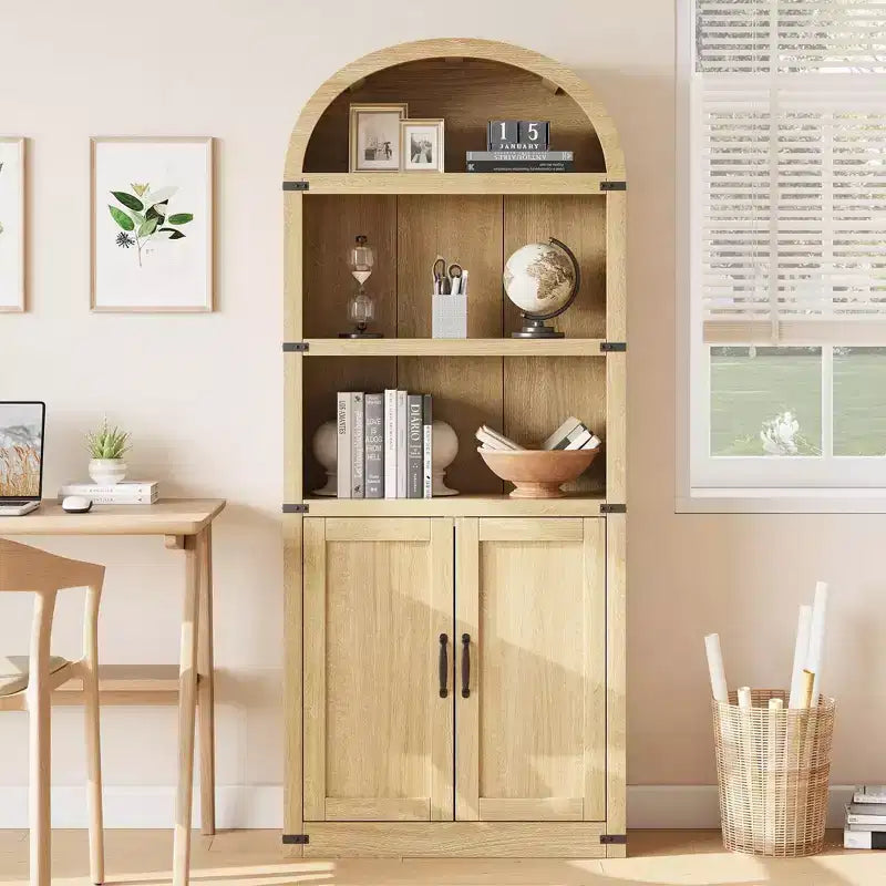 Libreria in legno Coolmee con ante, libreria ad arco alta 182 cm, mobile rustico con ripiani per ufficio domestico, soggiorno