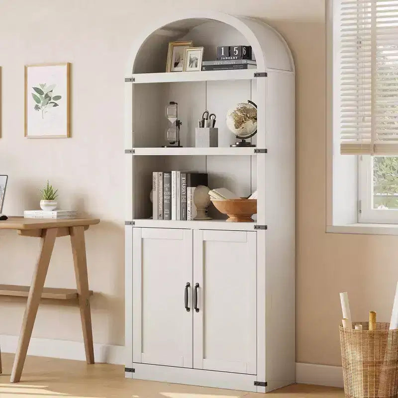 Coolmee Wooden Bookcase with Doors, 71.65 inch Tall Arched Bookshelf, Farmhouse Cabinet with Shelves for Home Office, Living Room