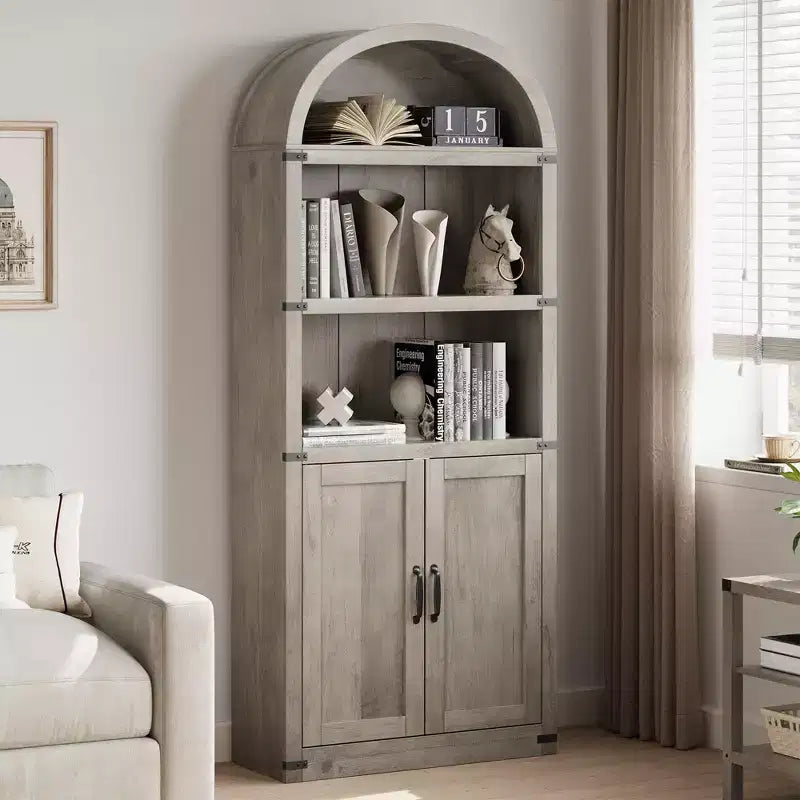 Libreria in legno Coolmee con ante, libreria ad arco alta 182 cm, mobile rustico con ripiani per ufficio domestico, soggiorno