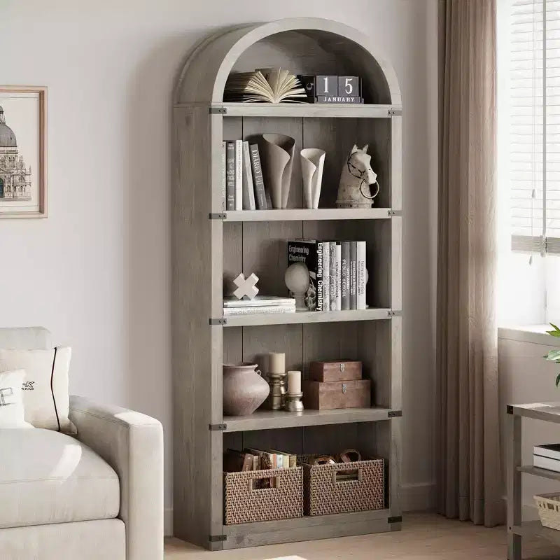 Libreria in legno Coolmee con ante, libreria ad arco alta 182 cm, mobile rustico con ripiani per ufficio domestico, soggiorno