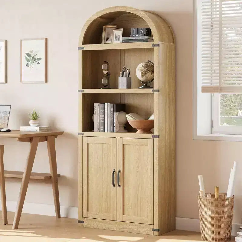 Libreria in legno Coolmee con ante, libreria ad arco alta 182 cm, mobile rustico con ripiani per ufficio domestico, soggiorno