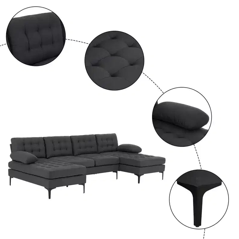 Karl Home | Divano a 4 posti a U tufted Chellie con braccioli e piano imbottito, 279 cm, Grigio