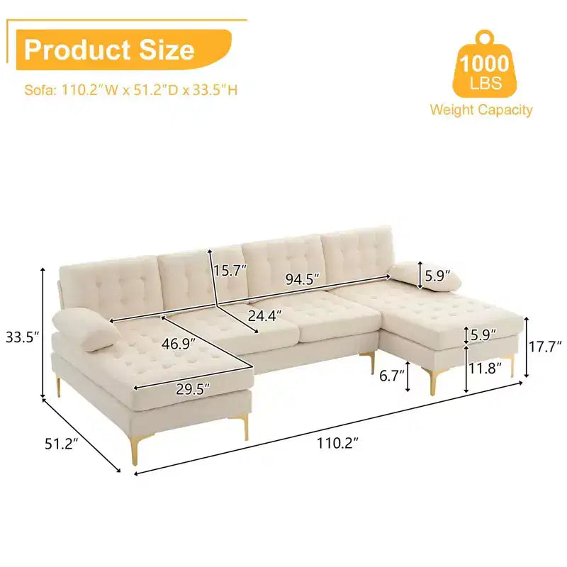 Karl Home | Divano a 4 posti a U tufted Chellie con braccioli e piano imbottito, 279 cm, Grigio