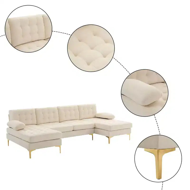 Karl Home | Divano a 4 posti a U tufted Chellie con braccioli e piano imbottito, 279 cm, Grigio