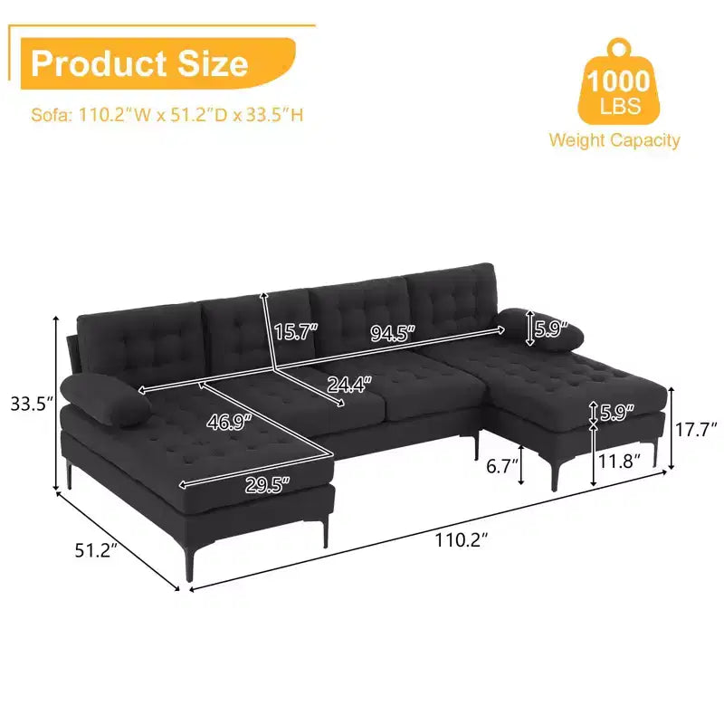 Karl Home | Divano a 4 posti a U tufted Chellie con braccioli e piano imbottito, 279 cm, Grigio