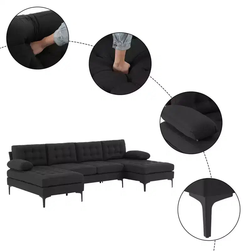 Karl Home | Divano a 4 posti a U tufted Chellie con braccioli e piano imbottito, 279 cm, Grigio
