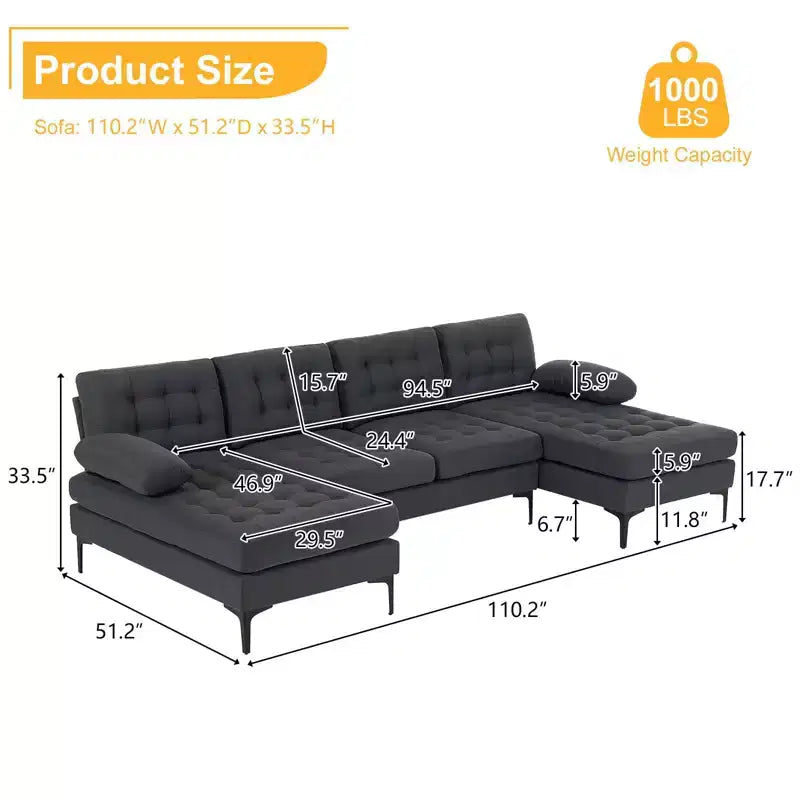Karl Home | Divano a 4 posti a U tufted Chellie con braccioli e piano imbottito, 279 cm, Grigio