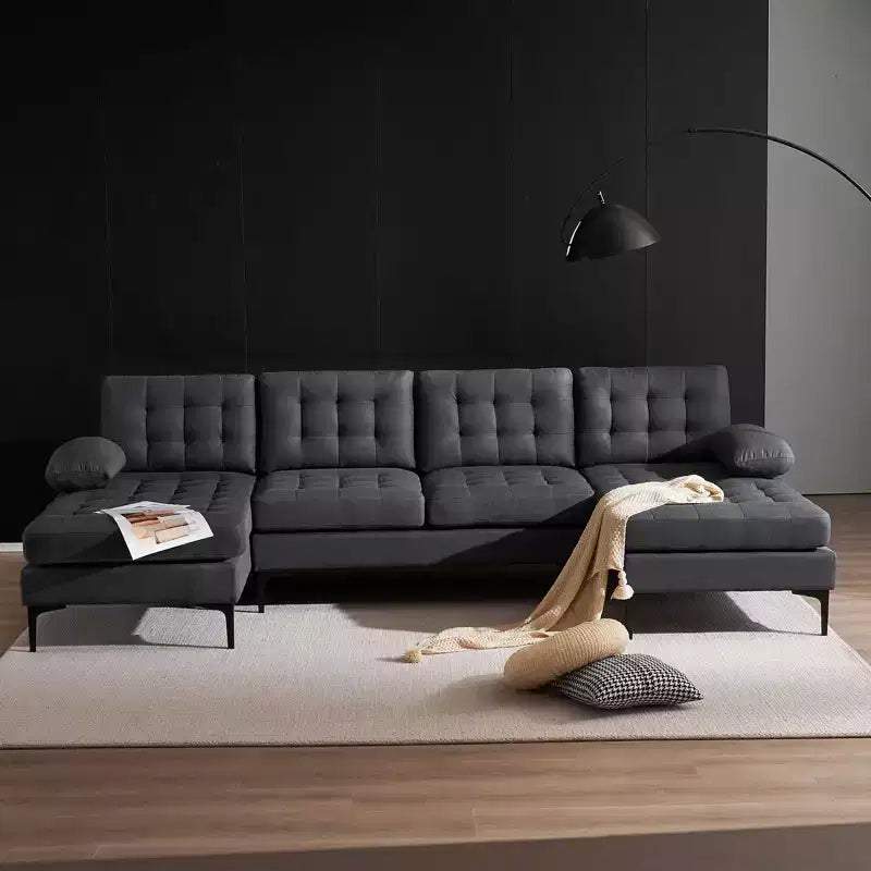 Karl Home | Divano a 4 posti a U tufted Chellie con braccioli e piano imbottito, 279 cm, Grigio