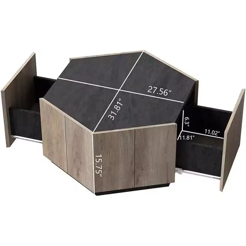 Tavolino da caffè esagonale Acekool Industrial Rustic, finitura rovere e grigio testurizzato, doppio cassetto, ripiano impermeabile, 31,81x27,56x15,75