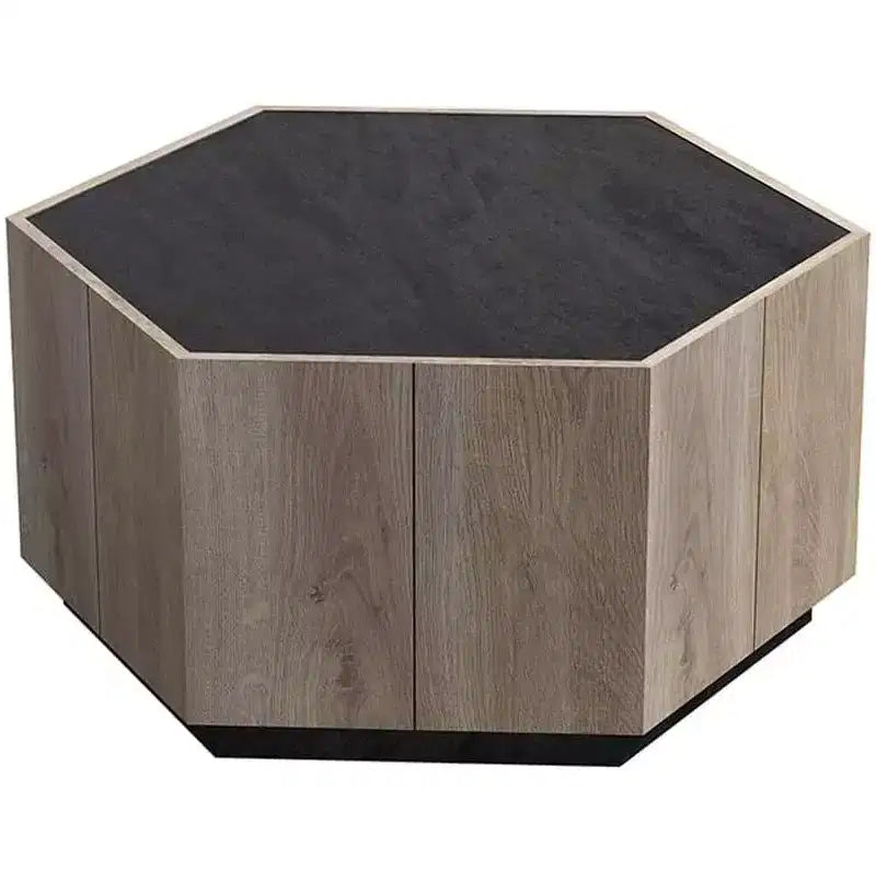 Tavolino da caffè esagonale Acekool Industrial Rustic, finitura rovere e grigio testurizzato, doppio cassetto, ripiano impermeabile, 31,81x27,56x15,75