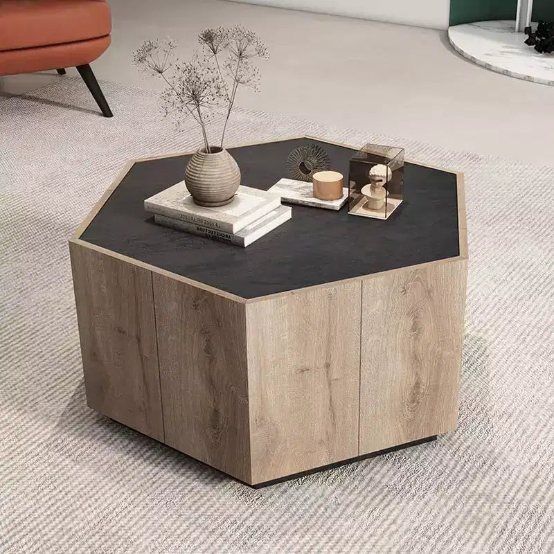 Tavolino da caffè esagonale Acekool Industrial Rustic, finitura rovere e grigio testurizzato, doppio cassetto, ripiano impermeabile, 31,81x27,56x15,75