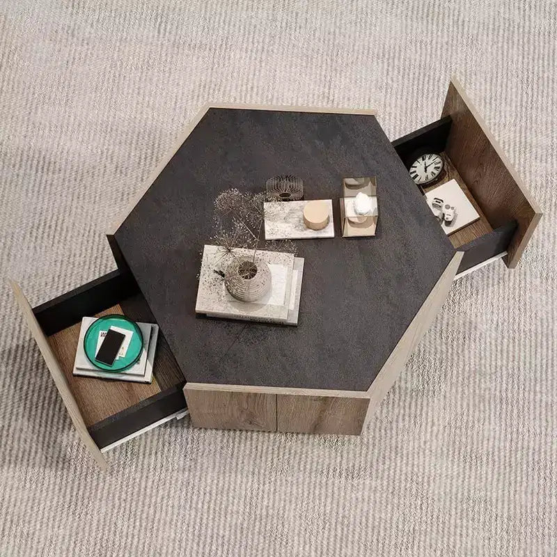 Tavolino da caffè esagonale Acekool Industrial Rustic, finitura rovere e grigio testurizzato, doppio cassetto, ripiano impermeabile, 31,81x27,56x15,75