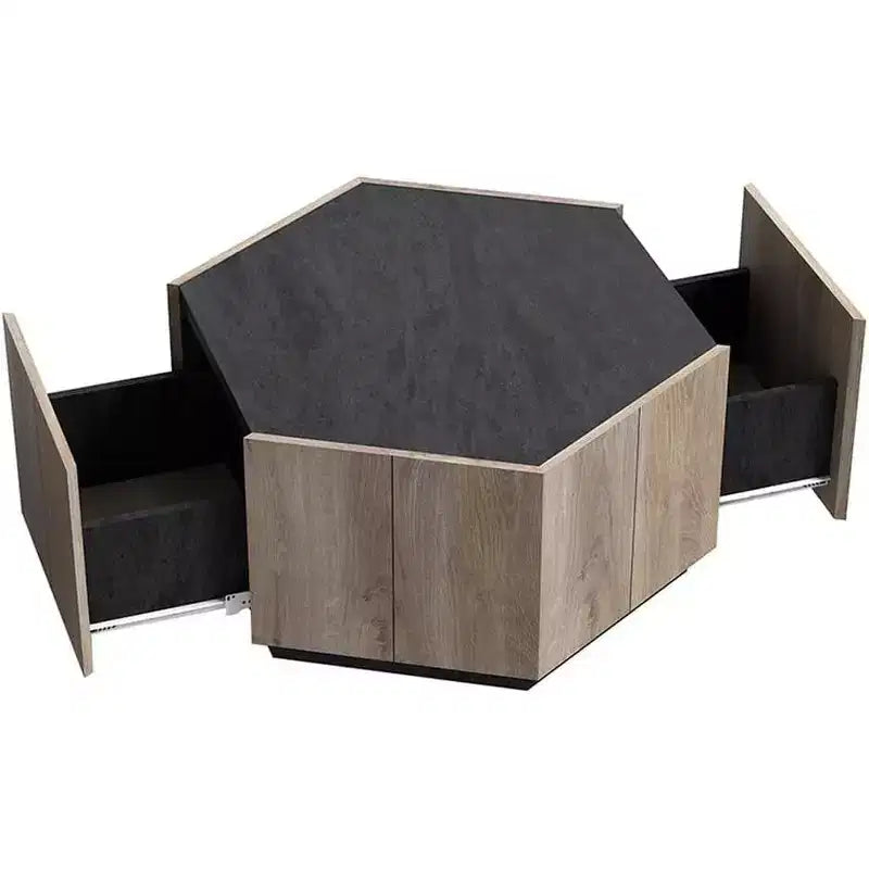 Tavolino da caffè esagonale Acekool Industrial Rustic, finitura rovere e grigio testurizzato, doppio cassetto, ripiano impermeabile, 31,81x27,56x15,75