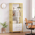 62 Gold Bookshelf 3 Drawers & Door, 4-Tier White Gold Bookcase with Metal Frame, Floor Standing Display Storage Cabinet