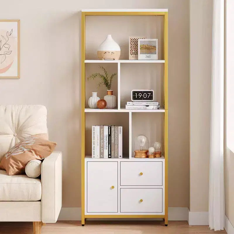 Libreria 62 Gold a 3 cassetti e anta, libreria bianca e oro a 4 ripiani con struttura in metallo, mobile espositore a pavimento