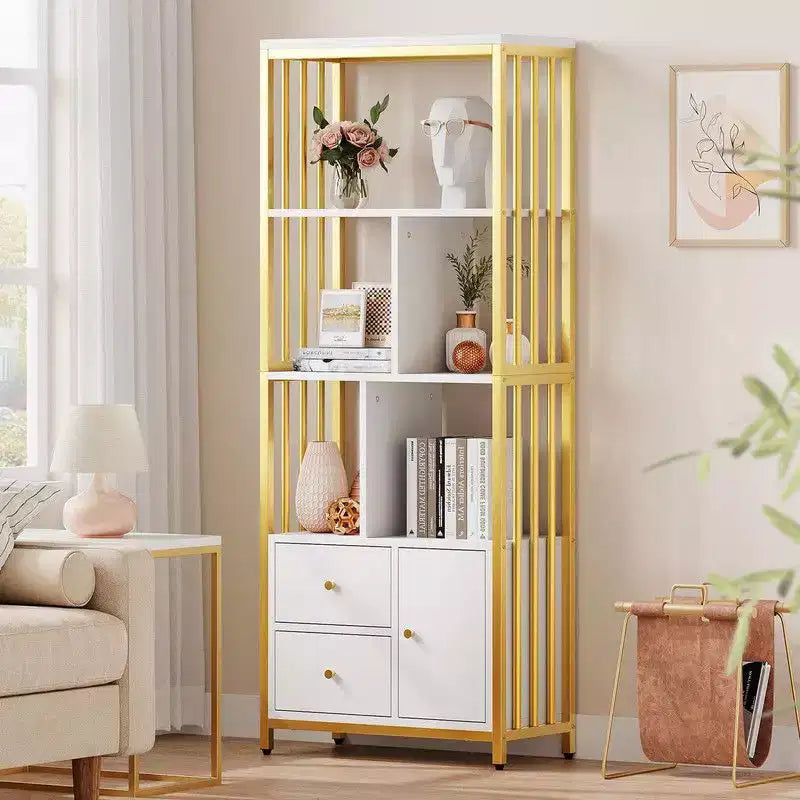 Libreria 62 Gold a 3 cassetti e anta, libreria bianca e oro a 4 ripiani con struttura in metallo, mobile espositore a pavimento