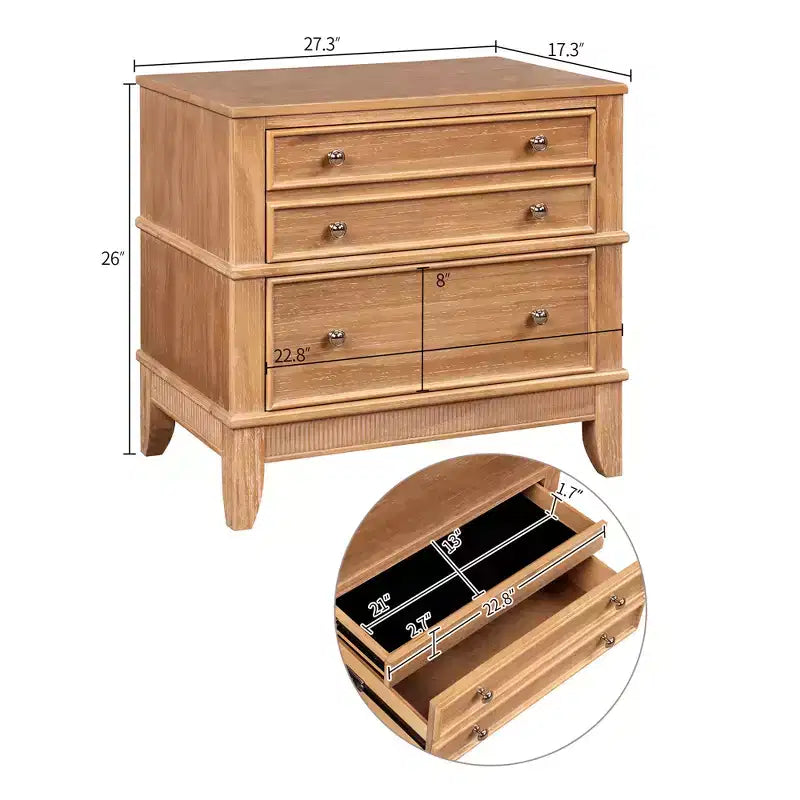 GDFStudio Bellic Comodino rustico in legno con 3 cassetti (set da 2)