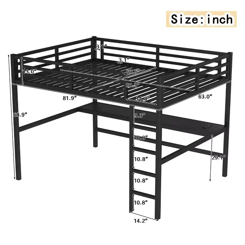 Letto a soppalco Queen Size in metallo nero con presa di corrente e luce a LED, salvaspazio e a rumorosità ridotta