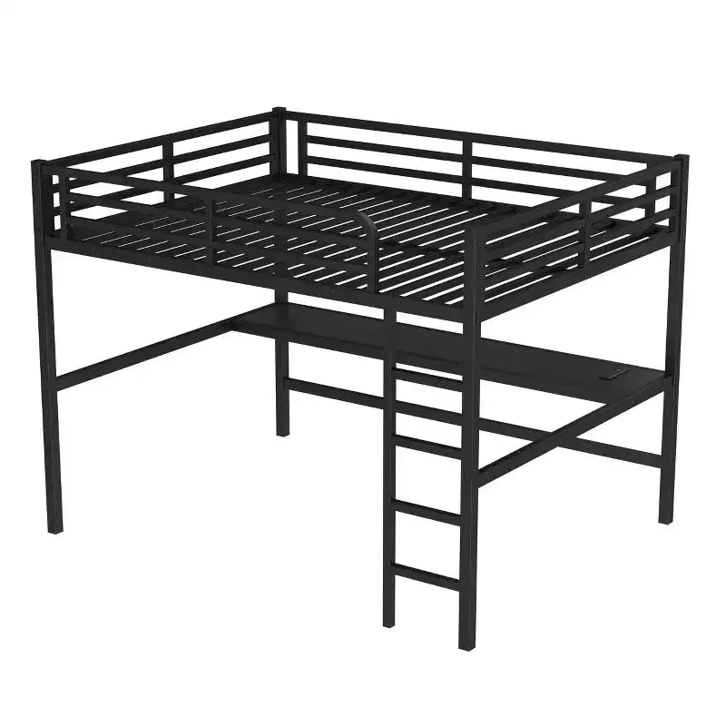 Letto a soppalco Queen Size in metallo nero con presa di corrente e luce a LED, salvaspazio e a rumorosità ridotta
