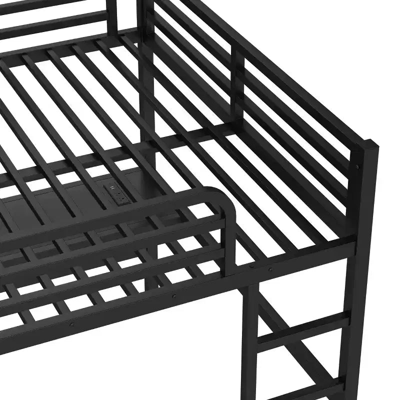 Letto a soppalco Queen Size in metallo nero con presa di corrente e luce a LED, salvaspazio e a rumorosità ridotta