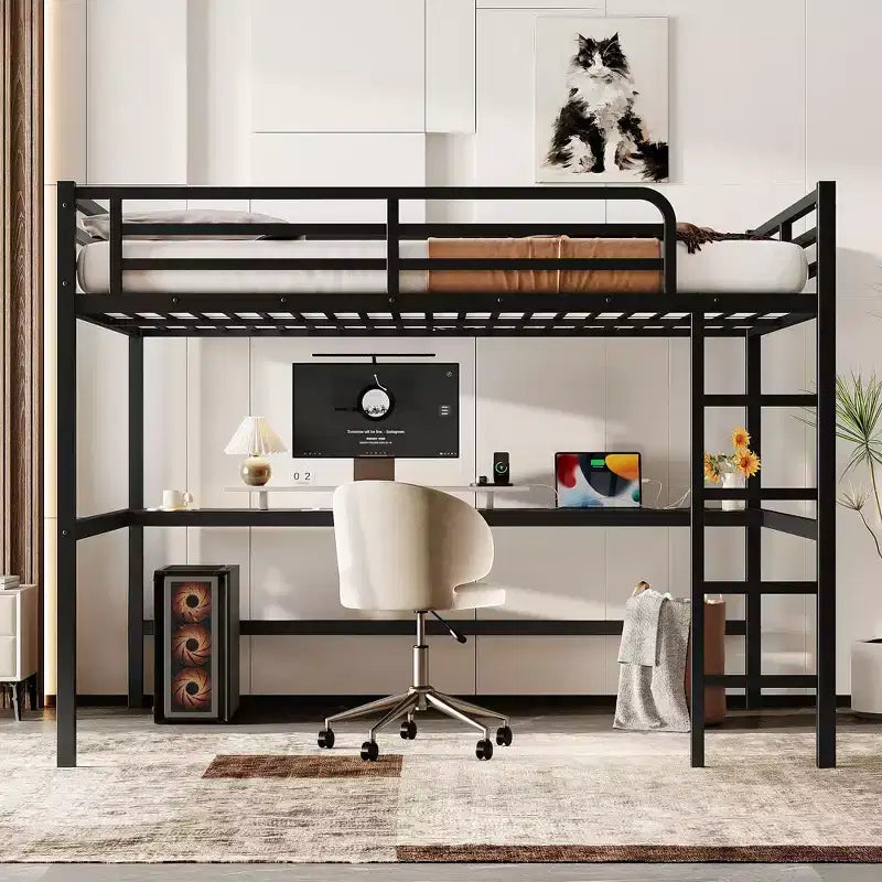 Black Metal Queen Size Loft Bed with Power Outlet and LED Lighted Space-Saving Noise Reduced