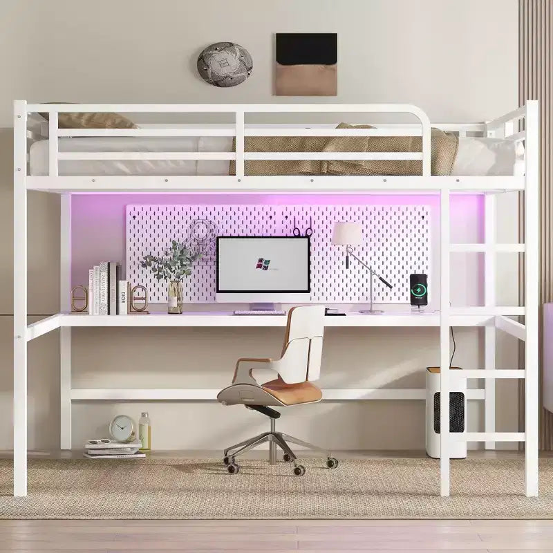 Letto a soppalco Queen Size in metallo nero con presa di corrente e luce a LED, salvaspazio e a rumorosità ridotta
