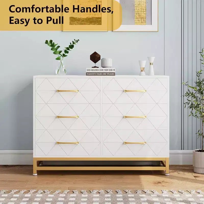 Cassettiera a 6 cassetti per camera da letto, cassettiera doppia in legno con maniglie dorate, cassettiera moderna con cassetti profondi per soggiorno, corridoio