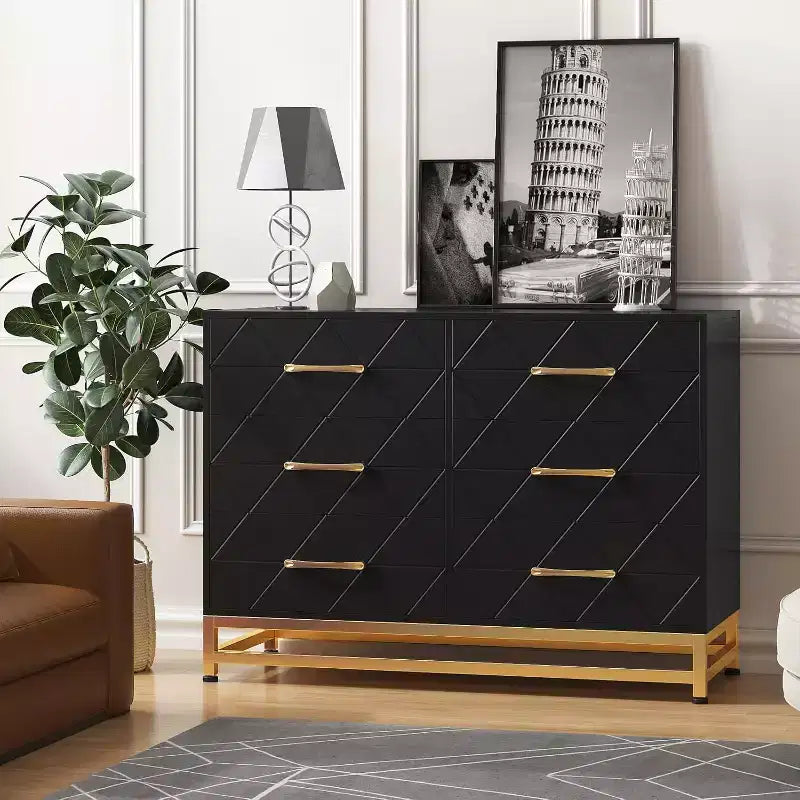 Cassettiera a 6 cassetti per camera da letto, cassettiera doppia in legno con maniglie dorate, cassettiera moderna con cassetti profondi per soggiorno, corridoio
