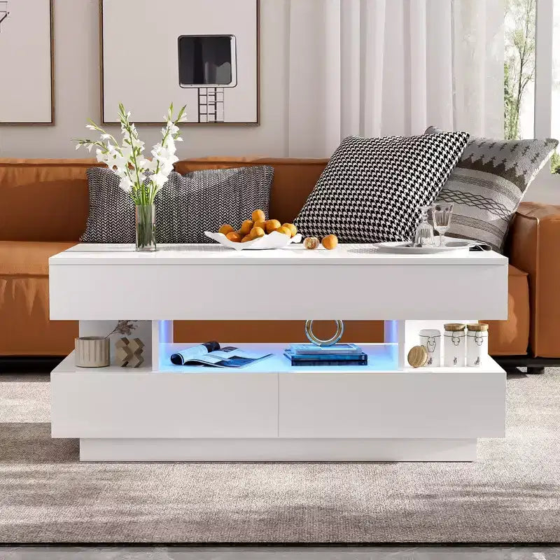 Tavolino da caffè Bestier Lift Top con contenitore, tavolino moderno con luci a LED con scomparto nascosto, 2 cassetti e ripiano aperto per soggiorno