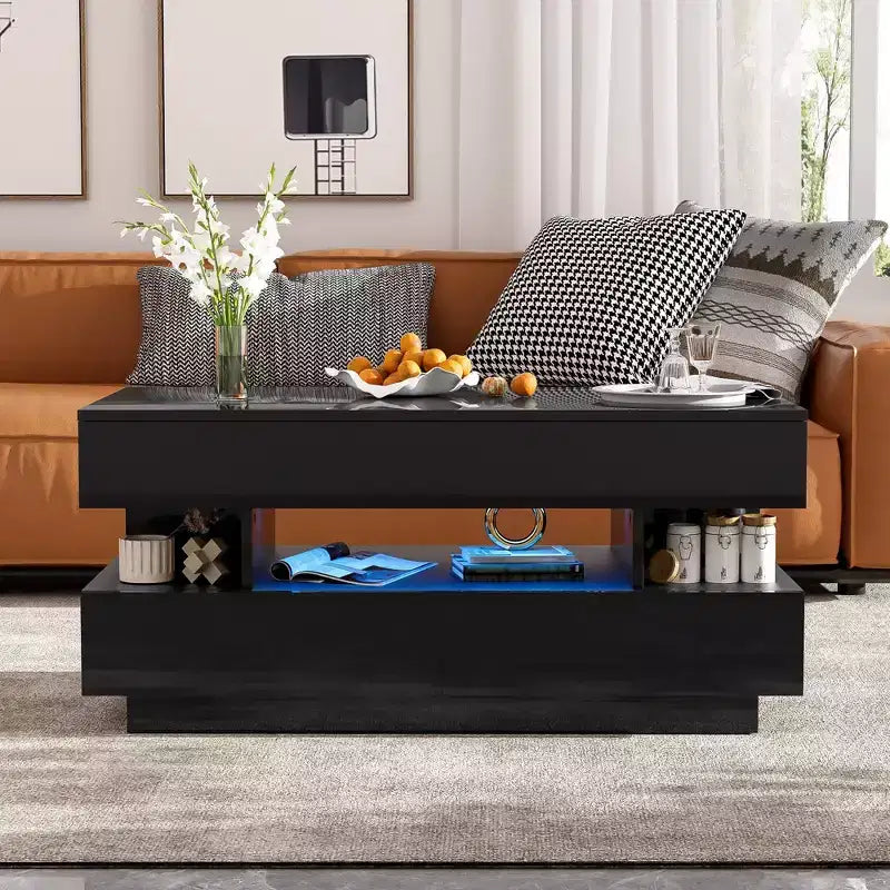 Tavolino da caffè Bestier Lift Top con contenitore, tavolino moderno con luci a LED con scomparto nascosto, 2 cassetti e ripiano aperto per soggiorno