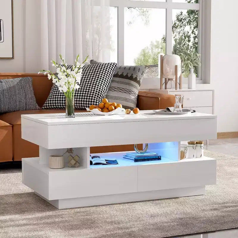 Tavolino da caffè Bestier Lift Top con contenitore, tavolino moderno con luci a LED con scomparto nascosto, 2 cassetti e ripiano aperto per soggiorno