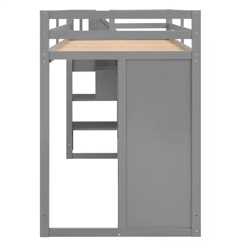 Letto a soppalco funzionale per cameretta con armadi e mensole, struttura in legno con scaletta contenitore e 2 cassetti