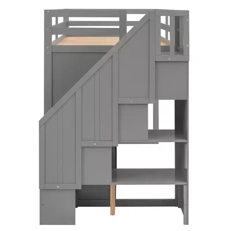 Letto a soppalco funzionale per cameretta con armadi e mensole, struttura in legno con scaletta contenitore e 2 cassetti