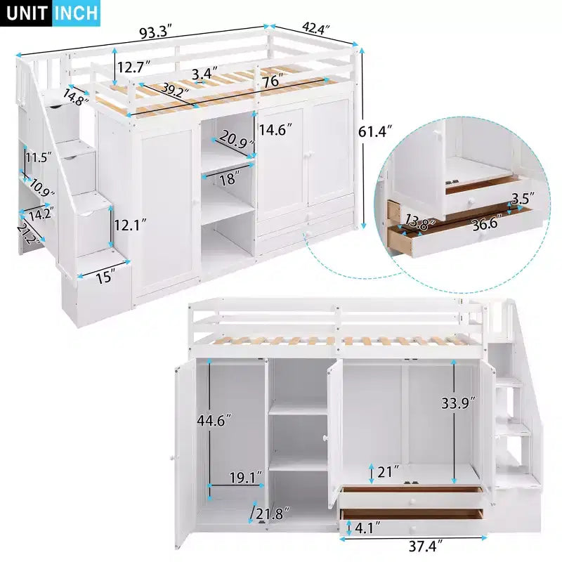 Letto a soppalco funzionale per cameretta con armadi e mensole, struttura in legno con scaletta contenitore e 2 cassetti
