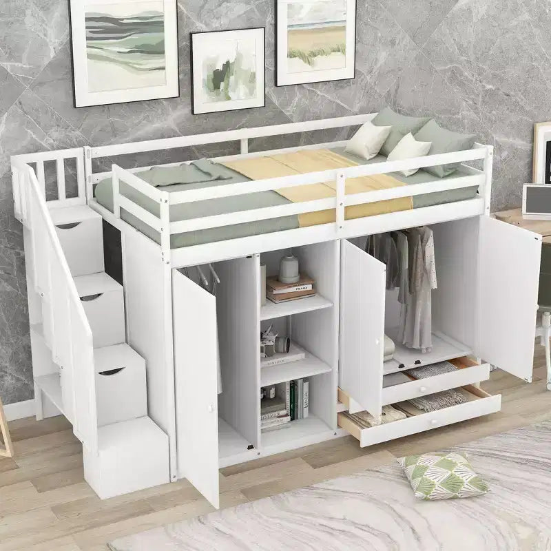 Letto a soppalco funzionale per cameretta con armadi e mensole, struttura in legno con scaletta contenitore e 2 cassetti