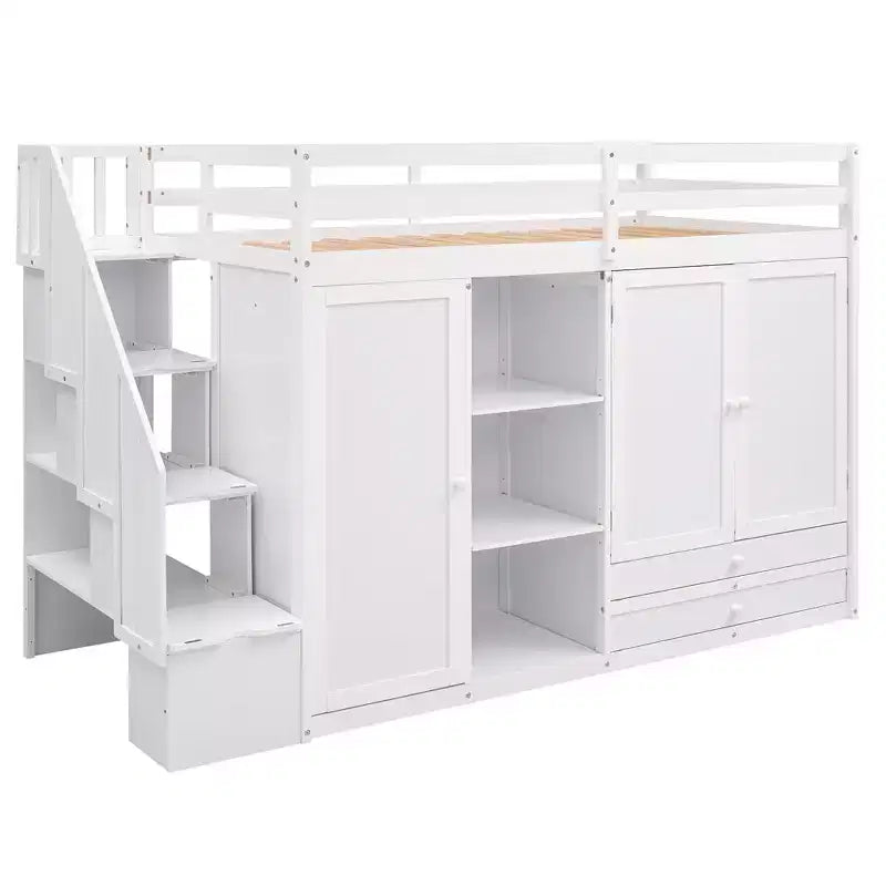 Letto a soppalco funzionale per cameretta con armadi e mensole, struttura in legno con scaletta contenitore e 2 cassetti