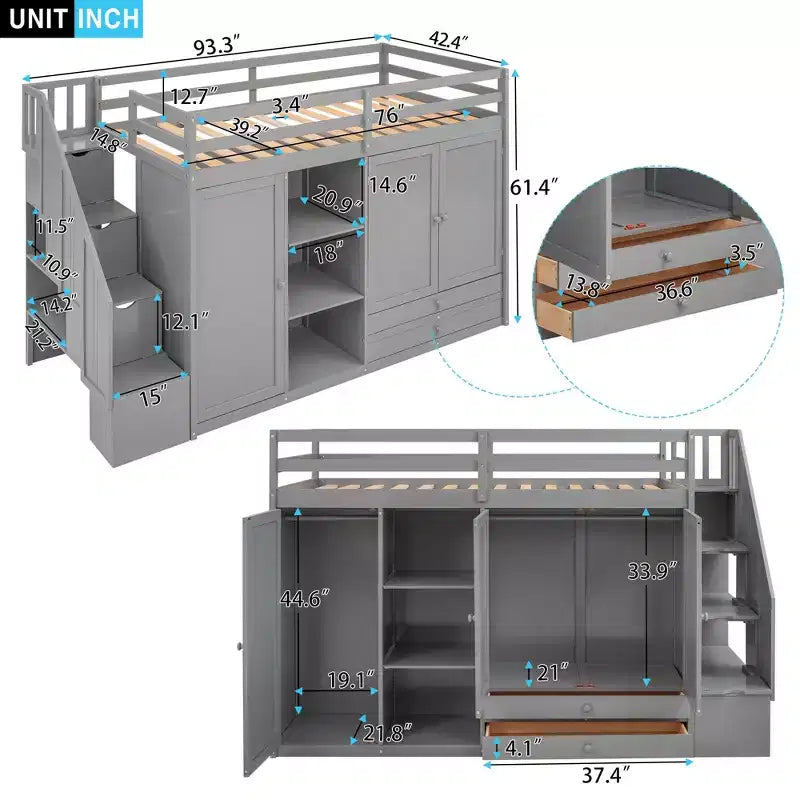 Letto a soppalco funzionale per cameretta con armadi e mensole, struttura in legno con scaletta contenitore e 2 cassetti