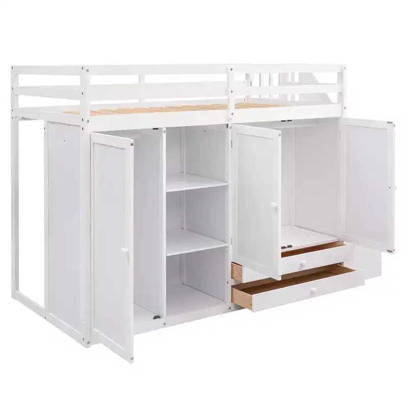 Letto a soppalco funzionale per cameretta con armadi e mensole, struttura in legno con scaletta contenitore e 2 cassetti