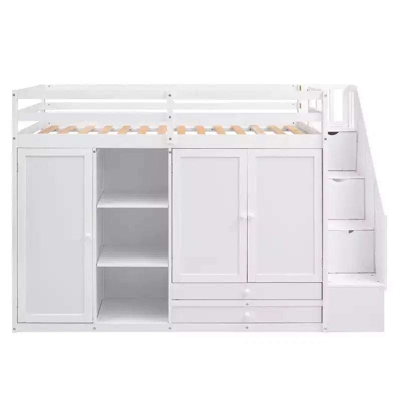 Letto a soppalco funzionale per cameretta con armadi e mensole, struttura in legno con scaletta contenitore e 2 cassetti