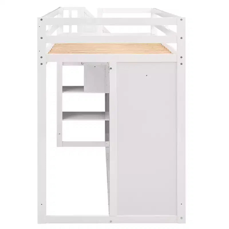 Letto a soppalco funzionale per cameretta con armadi e mensole, struttura in legno con scaletta contenitore e 2 cassetti