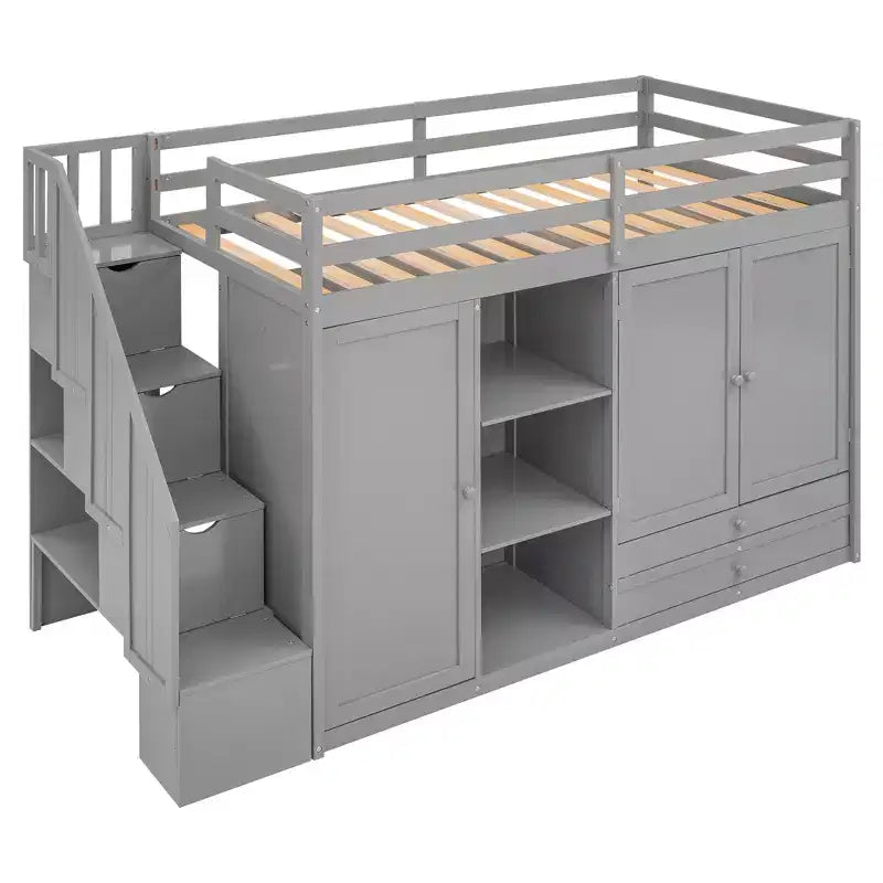 Letto a soppalco funzionale per cameretta con armadi e mensole, struttura in legno con scaletta contenitore e 2 cassetti